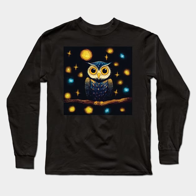 Owl on a Starry Night Long Sleeve T-Shirt by Geminiartstudio